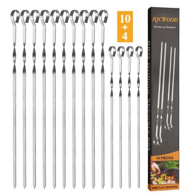 China Easily Cleaned Flat Skewers Metal BBQ Grill Skewers Long Stainless Steel Kebab Shish Sticks Wide Reusable Grilling Skewers Set For Chicken for sale