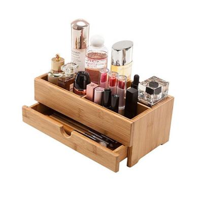 China Sustainable Bamboo Organizer Holder Cosmetic Makeup Storage Box With Drawer Divider For Lipstick for sale