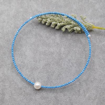 China FASHIONABLE Small Turquoise Flexible Blue Gemstone Bead Large Round Freshwater Pearl Necklace for sale