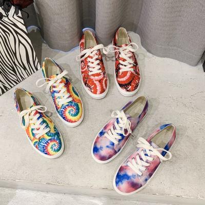 China Fashion Trend Ladies Sneakers Tops High Quality Shoes Rainbow Canvas Women Low Tops Lace Up Tie Dye Shoes for sale