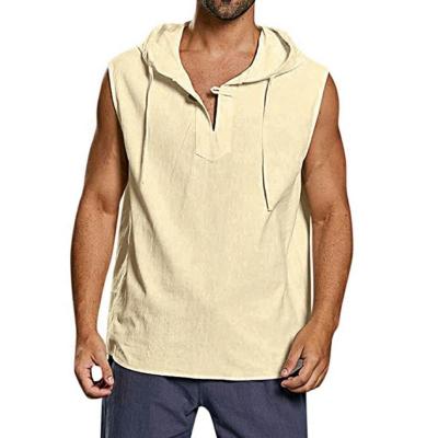 China High End Mens Summer Muscle Workout Cotton Breathable Hooded Sleeveless Canvas Beach Men's Hooded Tank Tops for sale