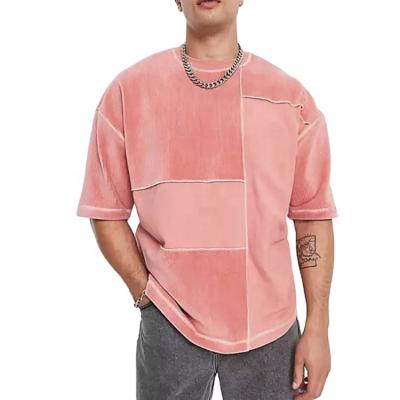 China Hot Selling Anti-Wrinkle Solid Color Corduroy Patchwork O-Neck Oversize Custom Made T-shirt Half Sleeve T-Shirt For Men for sale