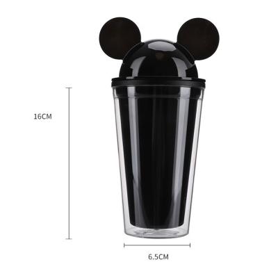 China Good Price 450ml 16oz Plastic Water Bottle Mickey Mouse Stocked Cute Mouse Ear Tumbler Acrylic Cup With Plastic Straw for sale