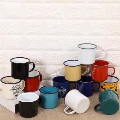 China Sustainable Colorful Custom Printed Personalized 350-600ml Travel Coffee Mug Steel Enamel Camping Mug With Handle for sale