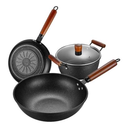 China Factory source package non-stick cast iron pan traditional three-piece gift box household cooker set wholesale for sale