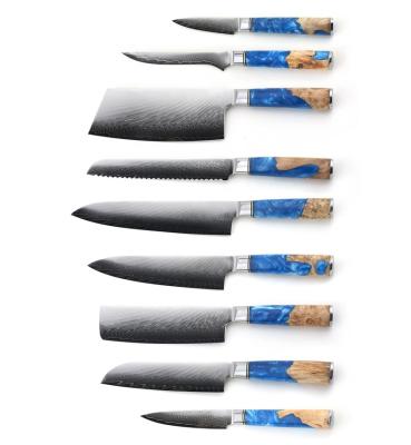 China Viable Chef Knives VG10 Wooden Blue Resin Handle OEM Damascus Hip-house Resin Handle Stainless Steel Kitchen Knife Set for sale