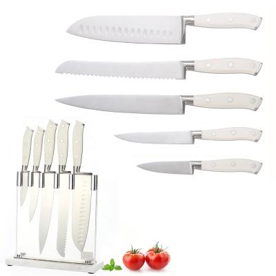 China Hip-home viable stainless steel cuchillos pp juego OEM handle with acrylic block kitchen knife cuchillos de cocina set for sale