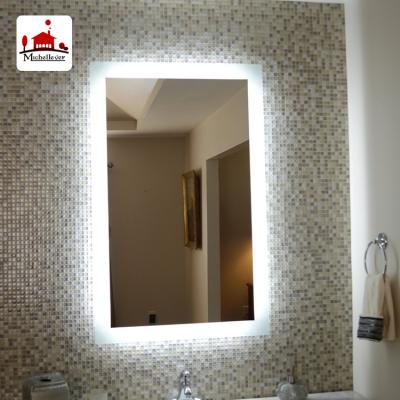 China Wall Mounted Rectangular Illuminated Led Mirror Bathroom Mirror With Lights Around Edge Hotel Luxury Lead Bath Shower Mirror for sale