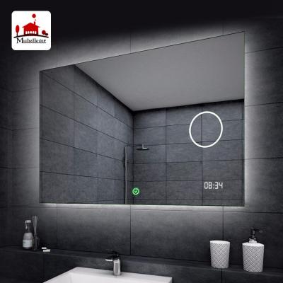 China Illuminated High Quality Wall Mounted Lighted Makeup Mirrors 60 X 80 Cm Led Smart Bathroom Mirror With Clock for sale