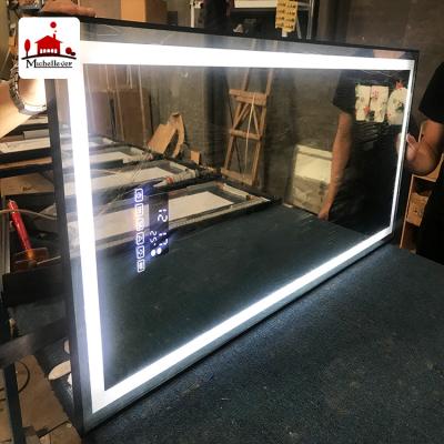 China Bright Commercial Grade Illuminated Clear Silver Backlit Lighting Led Dimmable Bright Silver Mirror Light Up Smart Bathroom Mirror for sale