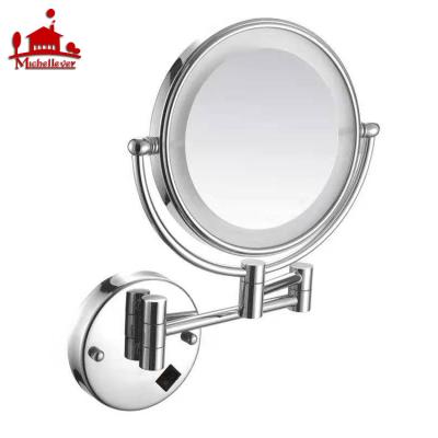 China Wall Mount Makeup Lighted Hanging Magnifying Vanity Mirror With Shelf LED Light Frame Hotel Designs Bathroom Wall Makeup Mirror for sale