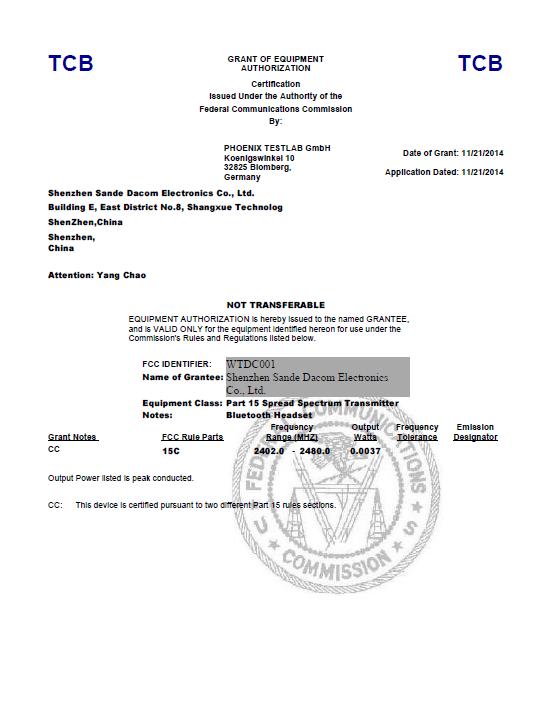 FCC - Shenzhen Sande Dacom Electronics Co., Ltd.