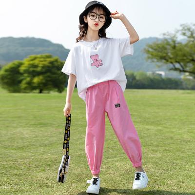 China Casual Girls' Cotton T-shirt Pants Set 2021 Two-piece Sets Fashion Big Children's Clothing New Style Casual Girls' Suit Girls for sale