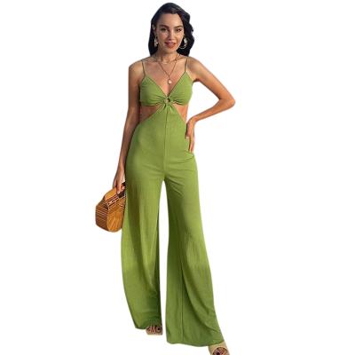 China Solid Color Breathable Hot Sale Women Strappy Backless Leg Wide Cut Overalls for sale