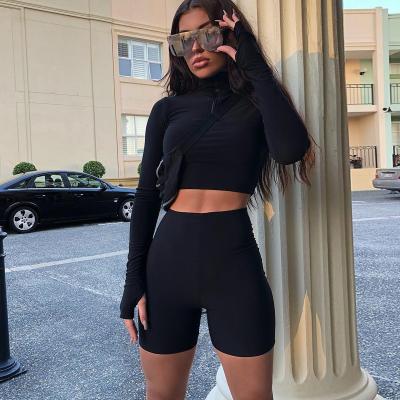 China Fashion New Breathable Women Zipper Long Sleeve Sweater Shorts Two-piece Sports Suit for sale