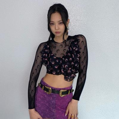 China Breathable Women Cultivate Autumn New Same Moon Print Gauze Thin Slim Detachable Two-Piece Top Net T-Shirt for sale