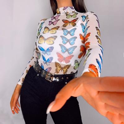 China Butterfly Print T-shirt Women Summer Breathable Mesh Sunscreen Long Sleeve Bottoming Turtle Neck Shirt for sale