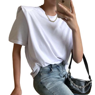 China Ladies Sleeve Blouse Ladies Clothing Breathable Shoulder Pads Cotton T-shirt High Waist Short O-Neck Top for sale