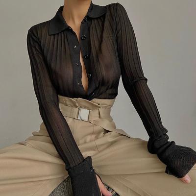 China New Breathable Sexy Turn-down Collar Women Long Sleeve Shirt Blouse Women Solid Color Casual Tops for sale