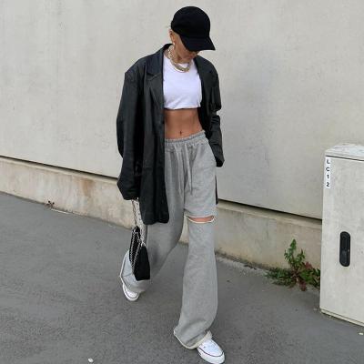 China New Women's Breathable Summer High Waist Sexy Ripped Wide-Leg Pants Wild Sports Pants for sale