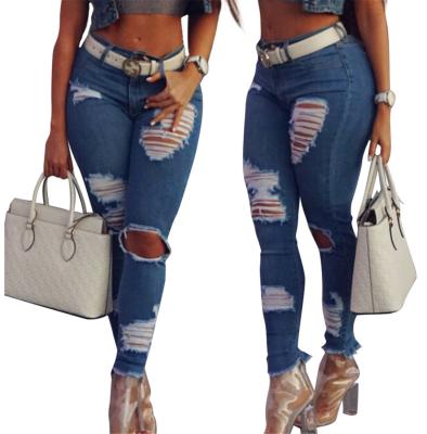 China High Quality Breathable Jeans No Name Denim Women Casual Pencil Pants Shredded Ripped Washed Jeans for sale