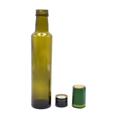 China Eco-friendly Recyclable Cheap Price 250ML Round Antique Green Glass Olive Oil Bottle With Cap for sale