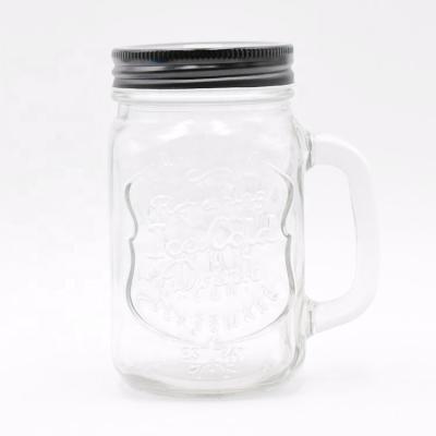 China Maker Custom 16 Ounce Freshness Storage Etched Glass Mason Drinking Jar with Handle and Metal Lid for sale