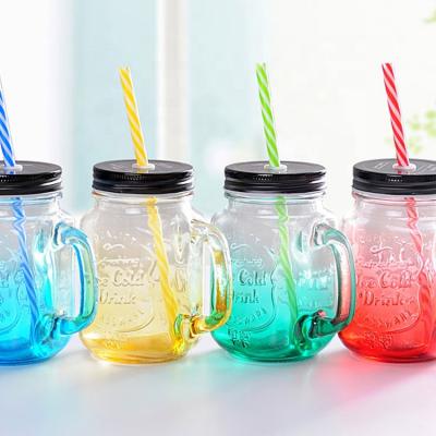 China High Quality Freshness 16OZ Preservation Colored Glass Mason Jar With Handle And Lid For Drinking for sale