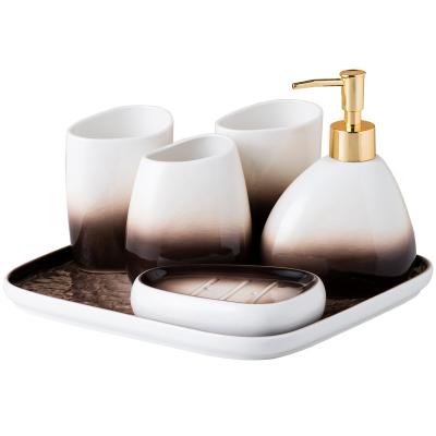 China Modern 4 Pieces Bathroom Accessories Soap Deipenser Pump Toothbrush Holder Tumbler Soap Dish Set Marble Design Ceramic Bathro for sale