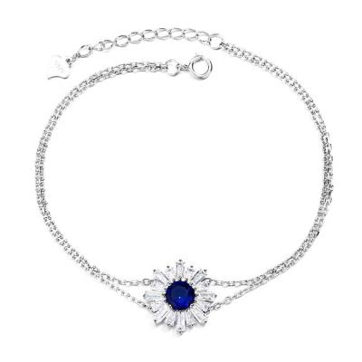 China Real TRENDY 925 silver link chain bracelet with blue gemstone flower charm in shiny crystals bracelet for women for sale