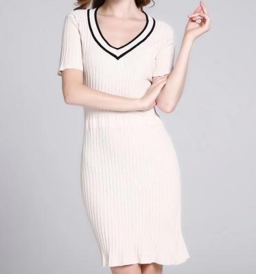 China Wholesale Women's Autumn High Street Custom V-Neck Knitwear Anti-Static Spring Rib Knit Sexy Slim Fit Long Sweater Dress Ladies Striped Skirt for sale