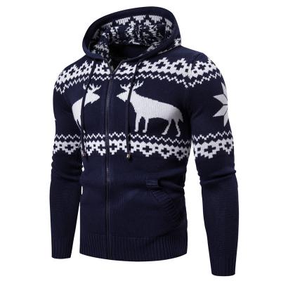 China Wholesale Anti-Wrinkle Mens Long Sleeve Hoodies Zippered Jacquard Knitted Ugly Christmas Cardigan Sweater Hooded For Man Custom Knitwear for sale