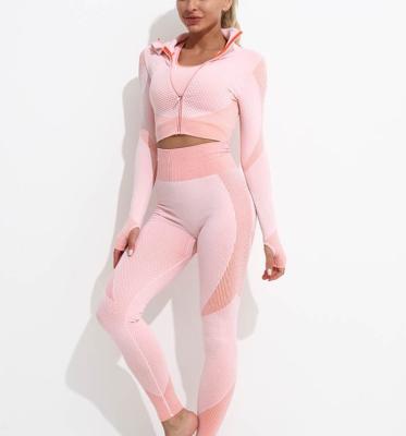 China Hot Sale Breathable Women's Tight Seamless Cardigan Zipper Gym Sports Wear Legging Sets For Ladies Sexy Fitness Spandex Cropped Yoga Top Wear for sale