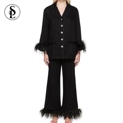 China QUICK DRY Luxury Party Pajama Sets OEM Woman Nightgowns Double Ostrich Feather Pajamas for sale