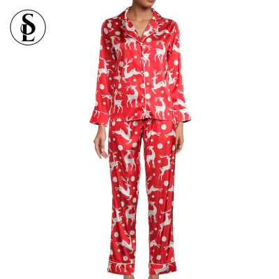 China QUICK DRY custom printed silk two piece satin pajama set holiday pajamas ladies christmas happy pajamas for sale