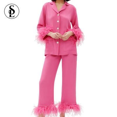 China 2022 QUICK DRY Luxury Women Ladies Feather Pajamas Sleepwear Ostrich Feather Bamboo Squishy Pajamas Set for sale