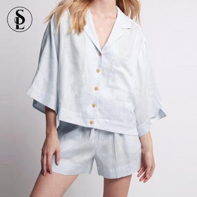 China 2023 Summer Women's 100% Canvas Pajamas Set QUICK DRY Women's Canvas Two-Piece Pajama Set for sale