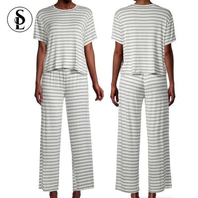 China QUICK DRY Custom Soft Stripe Sleeve T-Shirt And Short Pants Pajamas Set Loungewear For Women for sale