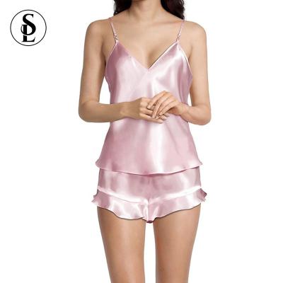 China Summer QUICK DRY Pajamas Lace Up Trim Cami Top And Shorts Warm Satin Silk Pajamas for sale