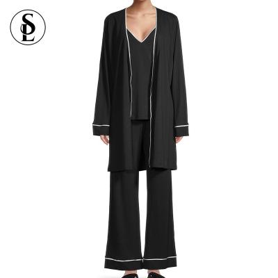 China Women Lounge Wear 3-Piece Set QUICK DRY Solid Comfy Pajamas Set Matching Long Robe And Flared Pants Tank Top Ladies Loungewear for sale