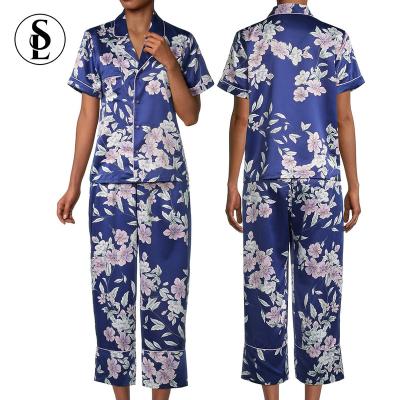 China Custom Ladies Soft Pajamas Floral logo QUICK DRY printed satin silk pajamas set for women for sale