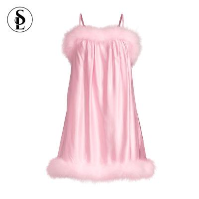 China QUICK DRY sexy satin sleepwear nightgown solid color feather slip silk nightgown for women for sale