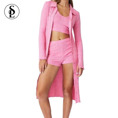 China Wholesale QUICK DRY 3 Piece Cami Top &Shorts&Robe Lounge Wear Rib Sets Cozy Cotton Pajamas Women Loungewear for sale