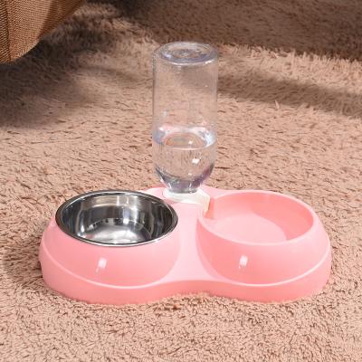 China Wholesale Viable 2 In 1 Cat Dog Feeder Bowls With Stainless Plastic Food Pet Water Bottle Bowls for sale