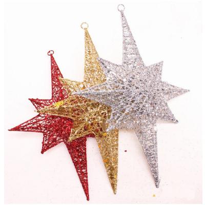 China Outdoor Commercial Gold Christmas Decorations Glittering Outside Hanging Gold Glitter Christmas Stars Tree Ornament Iron Octagon Exploding Star for sale