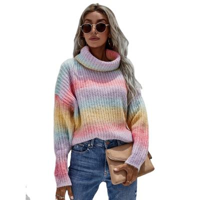 China 2021 Winter Women Long Sleeve Sweater Pullover Loose Rainbow Striped Knitted Sweater for sale