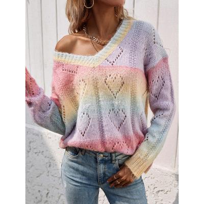 China 2021 Autumn Heart V-neck Cashmere Loose Pullover Knit Jumper Rainbow Striped Knitted Sweater Women's Sweater for sale