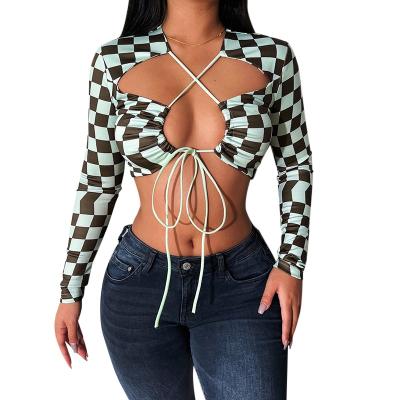 China 2022 New Wholesale Sexy Lace Up T Shirt Top Semi Sheer Long Sleeve Green Crop Tops Women Tops for sale