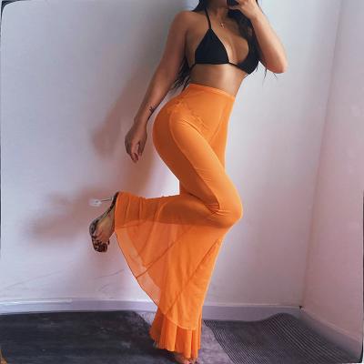 China 2021 Summer Mesh Transparent Trousers Solid Casual Full Length Women's Pants With Hole High Elastic Waist Slim Sexy Flare Pants for sale