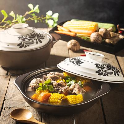 China Sustainable Large Custom Stoneware Double Handle Round Ceramic Casserole Pot Cooking Set With Lidded Soup for sale